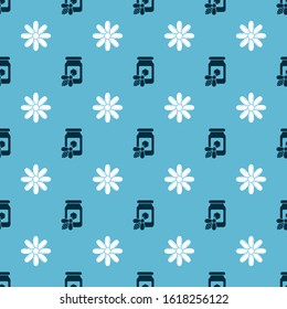 Set Jar of honey with bee and Flower on seamless pattern. Vector