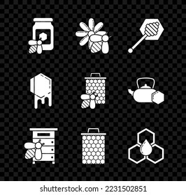 Set Jar of honey with bee, Bee and flower, Honey dipper stick, Hive for bees, Honeycomb,  and honeycomb icon. Vector