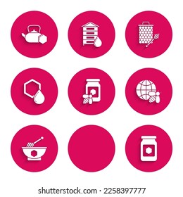 Set Jar of honey with bee, Hive for bees, Honeycomb map the world and, dipper stick bowl, stickicon and Tea kettle icon. Vector