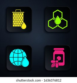 Set Jar of honey with bee, Honeycomb, Honeycomb map of the world and Honeycomb. Black square button. Vector