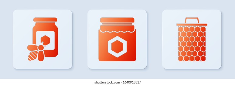 Set Jar of honey, Jar of honey with bee and Honeycomb. White square button. Vector