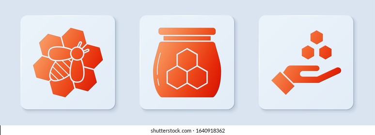 Set Jar of honey, Bee and honeycomb and Honeycomb and hand. White square button. Vector