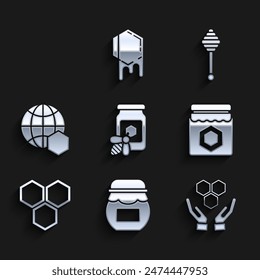 Set Jar of honey with bee, Honeycomb and hands, map the world, dipper stick and Hive for bees icon. Vector