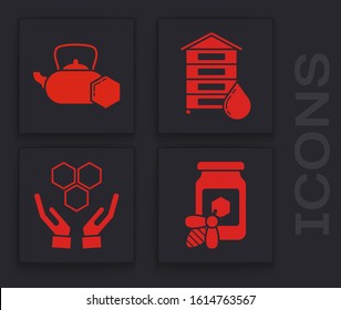 Set Jar of honey with bee, Tea kettle with honey, Hive for bees and Honeycomb and hands icon. Vector