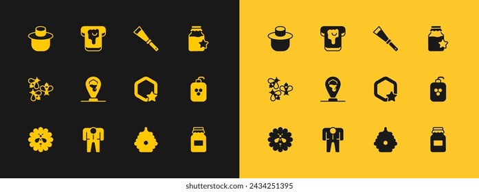 Set Jar of honey, Beekeeper costume, Honeycomb, Hive for bees, location, Beekeeping knife, with protect hat and Bread icon. Vector