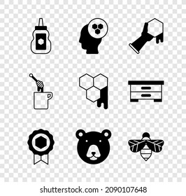 Set Jar of honey, Beekeeper, Honeycomb and hand, medal, Bear head, dipper stick with and  icon. Vector