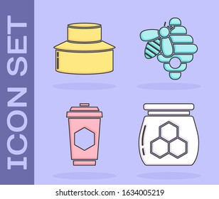Set Jar of honey, Beekeeper with protect hat, Cup of tea with honey and Hive for bees icon. Vector