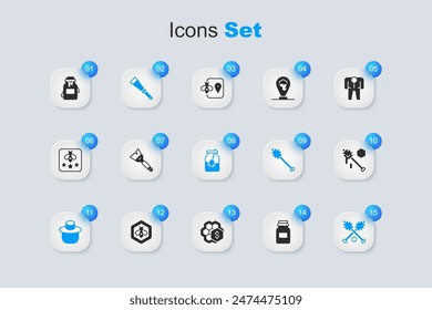 Conjunto de tarro de miel, cepillo de apicultura, cuchillo, apicultor con sombrero de protección, palillo de la cazuela de miel, y el icono. Vector