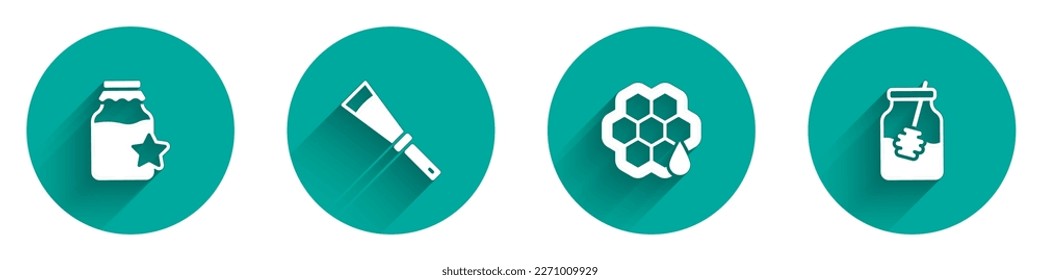 Set Jar of honey, Beekeeping knife, Honeycomb and and dipper stick icon with long shadow. Vector