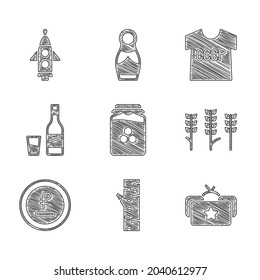 Set Jar of honey, Birch tree, Ushanka, Wheat, Rouble, ruble currency, Bottle vodka with glass, USSR t-shirt and Rocket ship icon. Vector