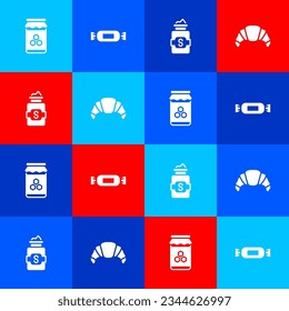 Set Jar of honey, Candy, sugar and Croissant icon. Vector