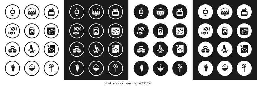 Set Jar of honey, Cherry jam jar, Candy, packaging for sweets, Cake plate,  and Macaron cookie icon. Vector