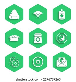 Set Jar of honey, Chinese Yuan currency, Yin Yang and envelope, Sushi, Firework and  icon. Vector