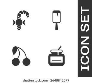 Set Jar of honey, Christmas candy cane, Cherry and Ice cream icon. Vector