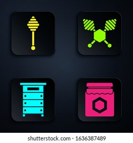Set Jar of honey, Honey dipper stick, Hive for bees and Honey dipper stick. Black square button. Vector