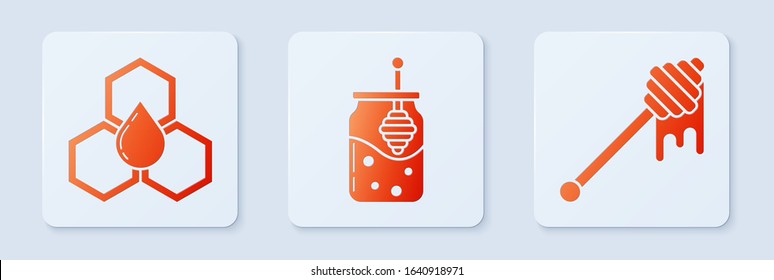Set Jar of honey and honey dipper stick, Honeycomb and Honey dipper stick with dripping honey. White square button. Vector