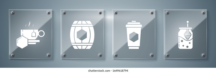 Set Jar of honey and honey dipper stick, Cup of tea with honey, Wooden barrel. Square glass panels. Vector