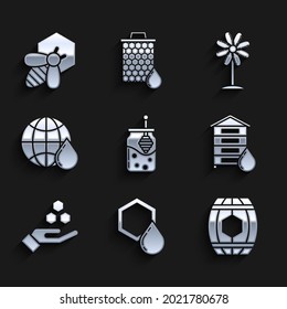 Set Jar of honey and honey dipper stick, Honeycomb, Wooden barrel with, Hive for bees, hand, map the world, Flower and Bee honeycomb icon. Vector