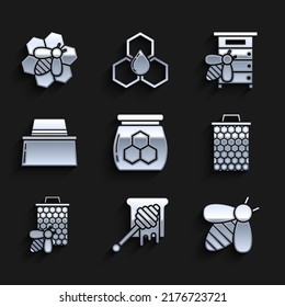 Set Jar of honey, Honey dipper stick with dripping, Bee, Honeycomb, and honeycomb, Beekeeper protect hat, Hive for bees and  icon. Vector