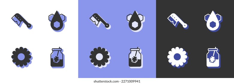 Set Jar of honey and dipper stick, Beekeeping brush, Flower and Honeycomb icon. Vector