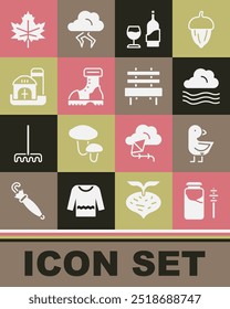 Set Jar of honey and dipper stick, Little chick, Windy weather, Wine bottle with glass, Waterproof rubber boot, Farm house, Leaf or leaves and Bench icon. Vector
