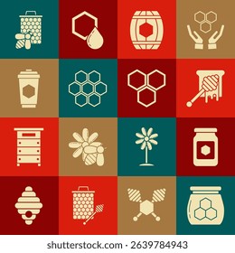 Set Jar of honey, Honey dipper stick with dripping, Wooden barrel, Honeycomb, Cup tea, Bee and honeycomb and  icon. Vector