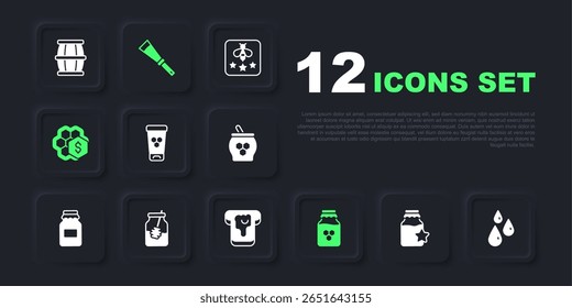 Set Jar of honey, Drops, Cosmetic tube with, Sale honeycomb, and dipper stick, Beekeeping knife and Bread icon. Vector