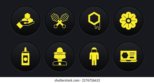 Set Jar of honey, Flower, Beekeeper with protect hat, Honeycomb, dipper stick, online service and and hand icon. Vector