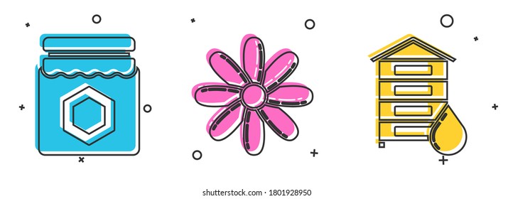 Set Jar of honey, Flower and Hive for bees icon. Vector