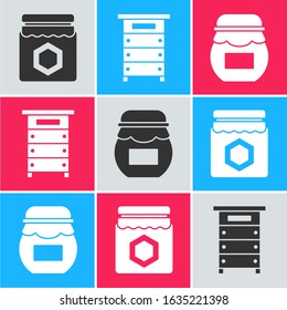 Set Jar of honey, Hive for bees and Jar of honey icon. Vector
