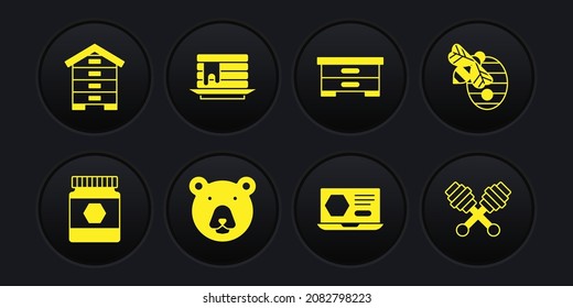 Set Jar of honey, Hive for bees, Bear head, Honey online service, Stack pancakes, dipper stick and  icon. Vector