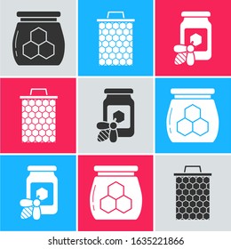 Set Jar of honey, Honeycomb and Jar of honey with bee icon. Vector