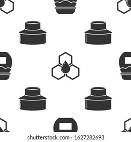 Set Jar of honey, Honeycomb and Beekeeper with protect hat on seamless pattern. Vector