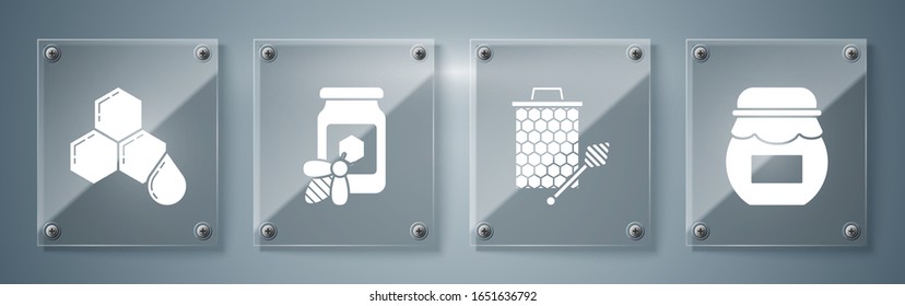 Set Jar of honey, Honeycomb with honey dipper stickicon, Jar of honey with bee and Honeycomb. Square glass panels. Vector