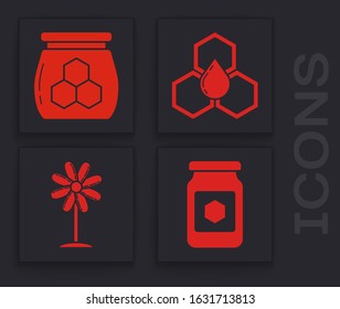 Set Jar of honey, Jar of honey, Honeycomb and Flower icon. Vector