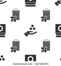 Set Jar of honey, Honeycomb and hand and Bee and honeycomb on seamless pattern. Vector