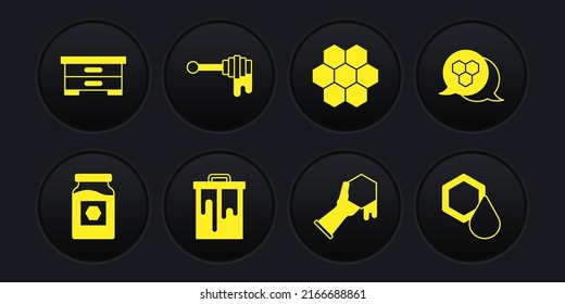 Set Jar of honey, Honeycomb, and hand, dipper stick with,  and Hive for bees icon. Vector