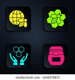 Set Jar of honey, Honeycomb map of the world and bee, Honeycomb and hands and Bee and honeycomb. Black square button. Vector