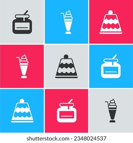 Set Jar of honey, Milkshake and Cake icon. Vector