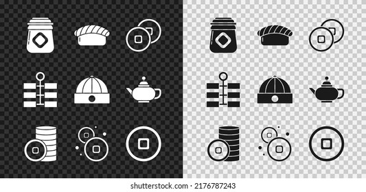 Set Jar of honey, Sushi, Chinese Yuan currency, Firework and hat icon. Vector