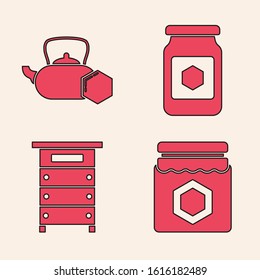 Set Jar of honey, Tea kettle with honey, Jar of honey and Hive for bees icon. Vector