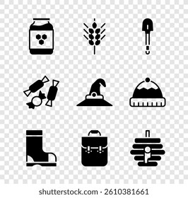 Set Jar of honey, Wheat, Shovel, Waterproof rubber boot, School backpack, Hive for bees, Candy and Witch hat icon. Vector