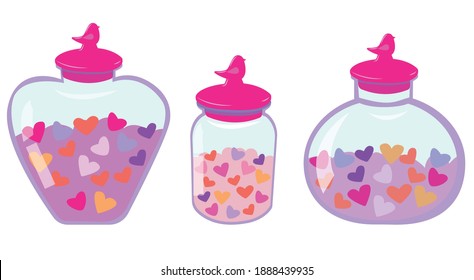 set of jar with a lid with heart. bottle with hearts. romantic illustration for valentine's day on a white background. stock vector image.
