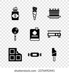 Set Jar of sugar, Ice cream in waffle cone, Cake, Chocolate bar, Candy, Lollipop and Cookbook icon. Vector