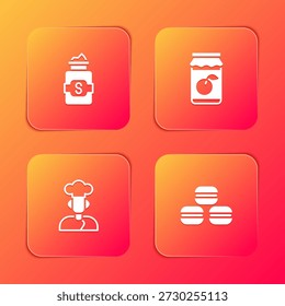 Set Tarro de azúcar, tarro de mermelada, cocinar y Macaron icono de galletas. Vector
