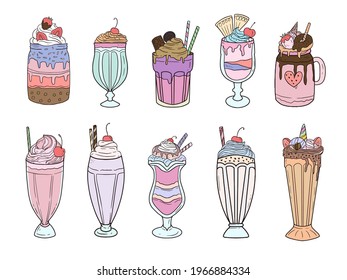 Set jar of sweet desserts with ice cream and smoothies cartoon vector art illustration icon