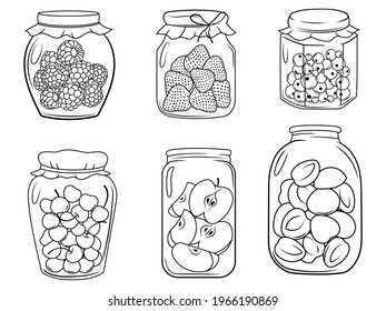 Set of jars with berries. Collection of jars with jam. Vitmanins. Fruit preservation. Cute food. Organic product. Confiture to tea. Vector illustration isolated on white background.