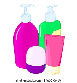 Set of jars and bottles for cosmetics. Deodorant, cream, shampoo, lotion and shower gel. Isolated vector illustration.