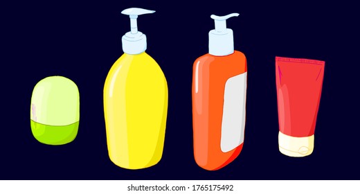 Set of jars and bottles for cosmetics. Deodorant, cream, shampoo, lotion and shower gel. on a white background.