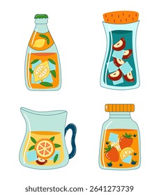 Set of jars and bottles. Lemonade jars collection on white background. Summer illustration. Fruity and fresh drinks.